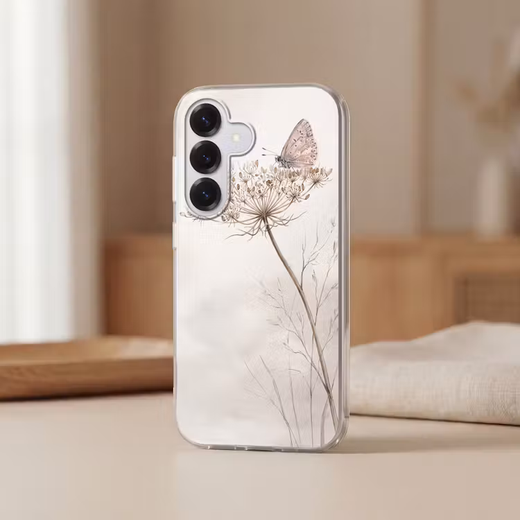 Vlinder - Bloem -Natuur - Beige Telefoonhoesje Samsung Galaxy S26 klein -sfeer2