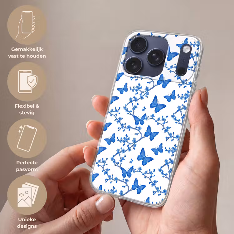 Vlinder - Bloemen - Blauw Telefoonhoesje iPhone 17 Pro klein 878 -sfeer3_NL