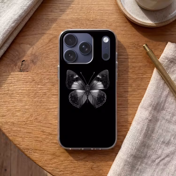 Vlinder - Grijs - Mysterieus Telefoonhoesje iPhone 17 Pro klein -sfeer1