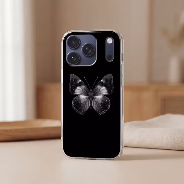 Vlinder - Grijs - Mysterieus Telefoonhoesje iPhone 17 Pro klein -sfeer2