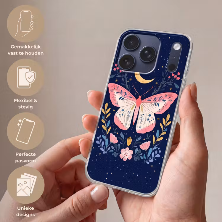 Vlinder - Maan - Bloemen - Sterrenhemel Telefoonhoesje iPhone 17 Pro klein -sfeer3_NL