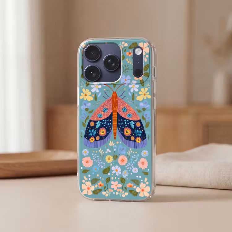 Vlinder - Sierlijk - Bloemen - Bladeren Telefoonhoesje iPhone 17 Pro klein -sfeer2