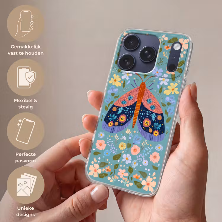 Vlinder - Sierlijk - Bloemen - Bladeren Telefoonhoesje iPhone 17 Pro klein -sfeer3_NL