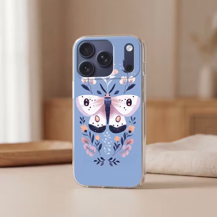Vlinder - Vleugels - Stippen - Bloemen Telefoonhoesje iPhone 17 Pro klein -sfeer2