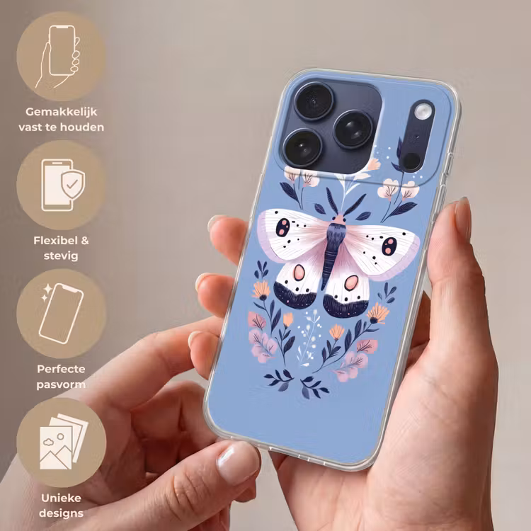 Vlinder - Vleugels - Stippen - Bloemen Telefoonhoesje iPhone 17 Pro klein -sfeer3_NL
