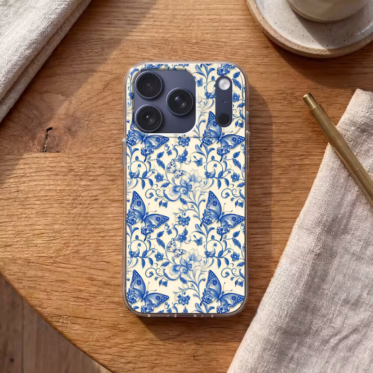 Vlinders - Bloemen - Blauw - Botanisch Telefoonhoesje iPhone 17 Pro klein 878 -sfeer1