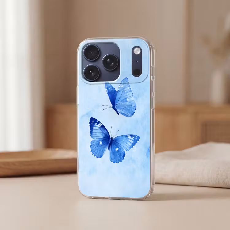Vlinders - Sierlijk - Blauw Telefoonhoesje iPhone 17 Pro klein -sfeer2