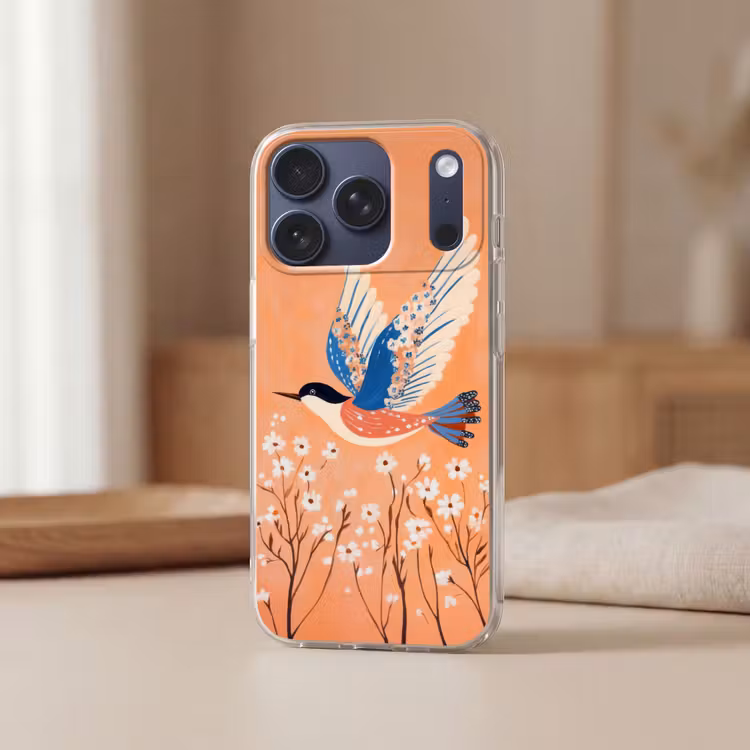 Vogel - Bloesemtakken - Warm - Kleurrijk Telefoonhoesje iPhone 17 Pro klein -sfeer2