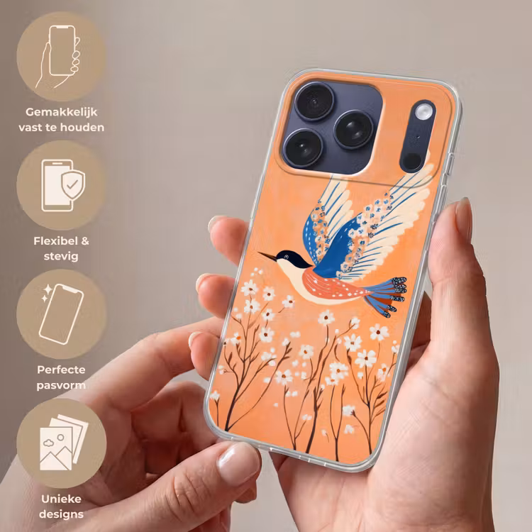 Vogel - Bloesemtakken - Warm - Kleurrijk Telefoonhoesje iPhone 17 Pro klein -sfeer3_NL