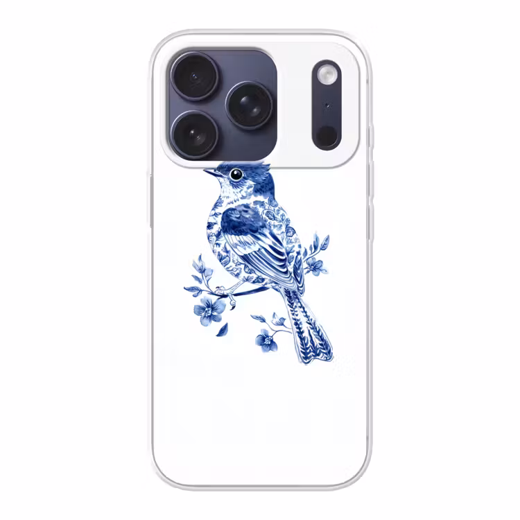 Vogel - Delfts blauw - Illustratie - Bloemen Telefoonhoesje iPhone 17 Pro klein -3d