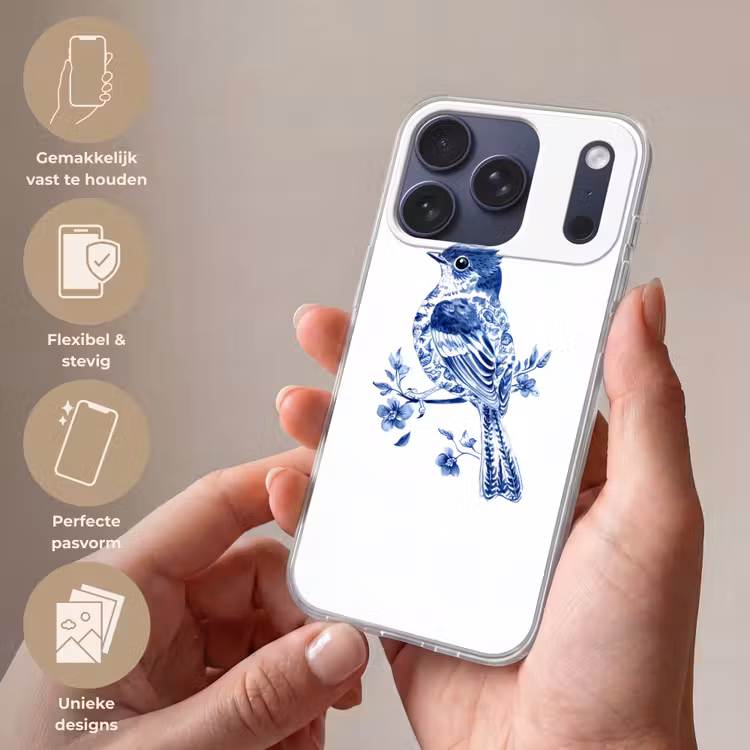 Vogel - Delfts blauw - Illustratie - Bloemen Telefoonhoesje iPhone 17 Pro klein -sfeer3_NL