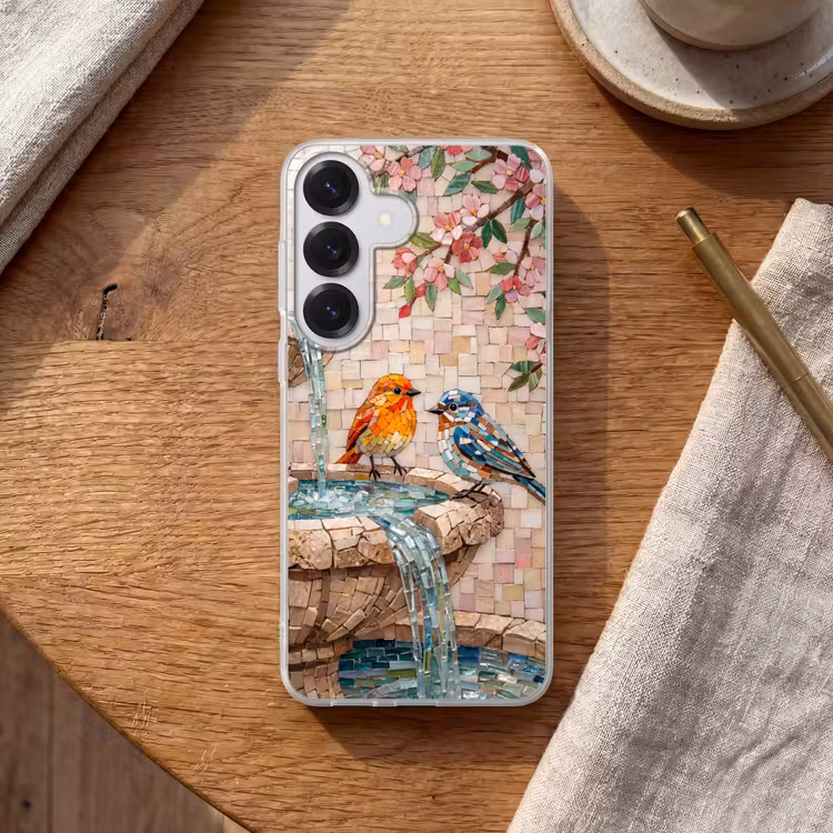 Vogel - fontein - mozaiek - kleurrijk - dieren Telefoonhoesje Samsung Galaxy S26 klein -sfeer1