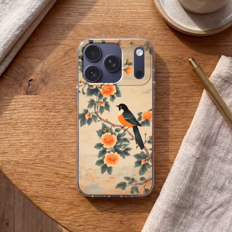 Vogel - Tak - Bloemen - Oranje Telefoonhoesje iPhone 17 Pro klein -sfeer1