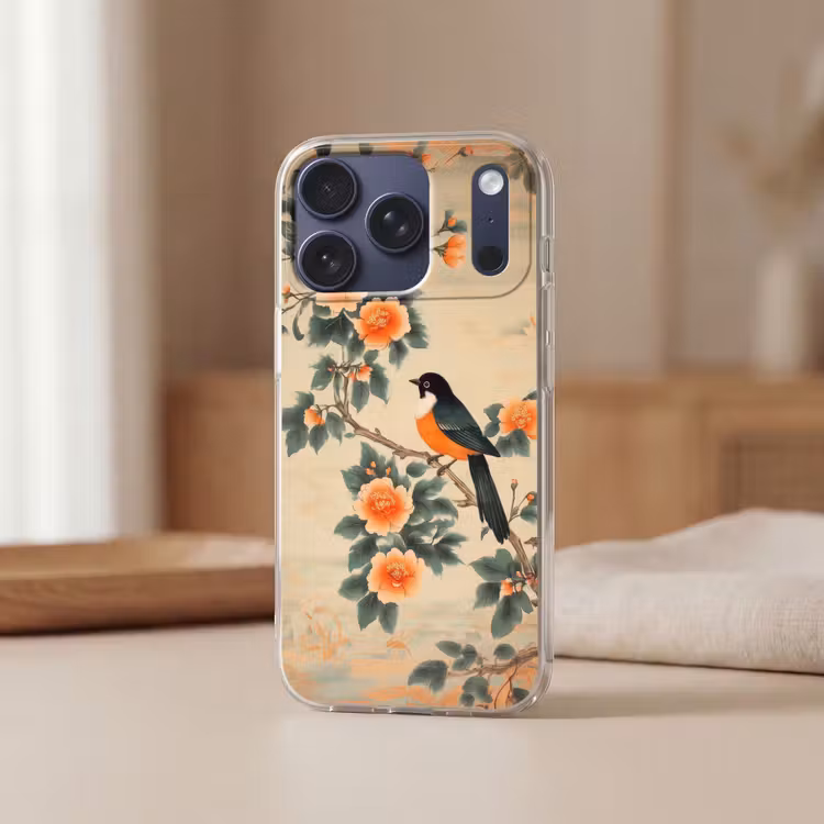 Vogel - Tak - Bloemen - Oranje Telefoonhoesje iPhone 17 Pro klein -sfeer2