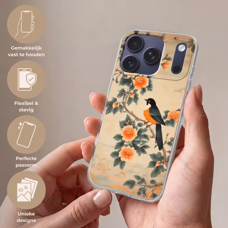 Vogel - Tak - Bloemen - Oranje Telefoonhoesje iPhone 17 Pro klein -sfeer3_NL