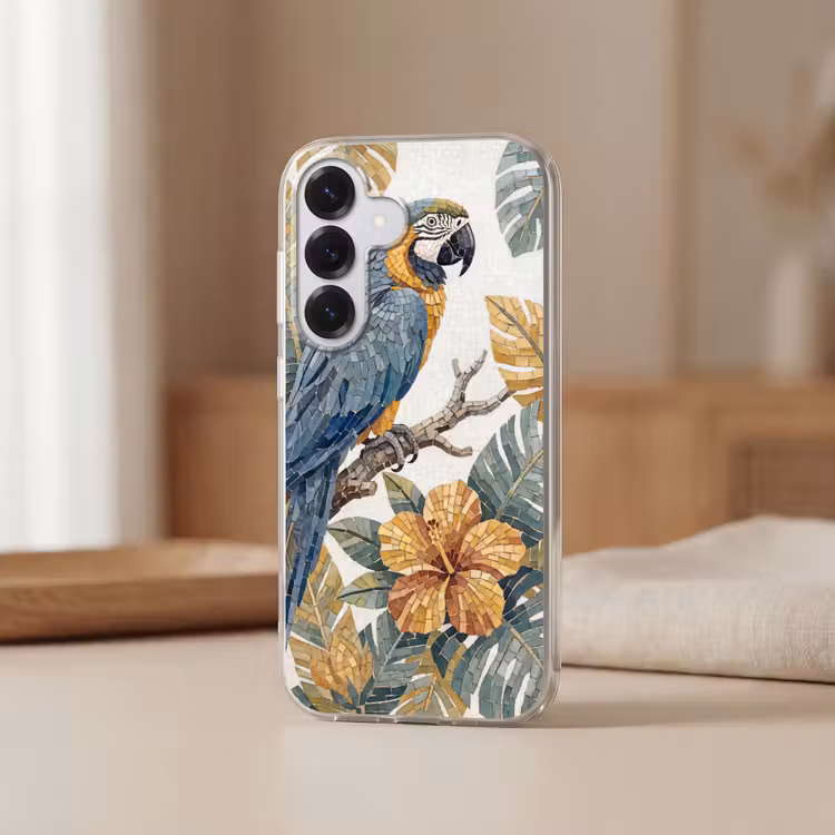 Vogel - Tak - Natuur - Mozaïek - Blauw Telefoonhoesje Samsung Galaxy S26 klein -sfeer2