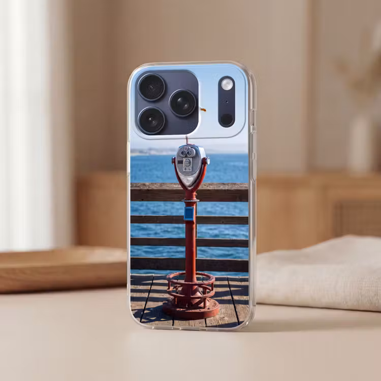 Vogel - Verrekijker - Kust - Zee - Blauw Telefoonhoesje iPhone 17 Pro klein -sfeer2