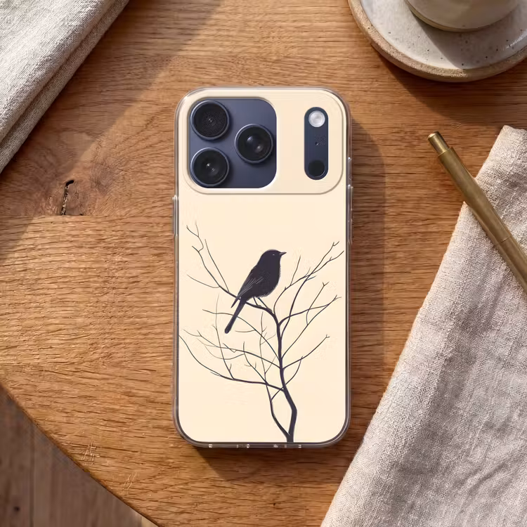 Vogel - Zwart - Tak - Minimalistisch Telefoonhoesje iPhone 17 Pro klein -sfeer1