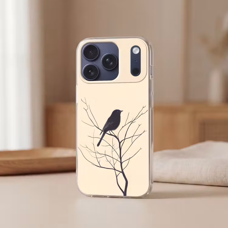 Vogel - Zwart - Tak - Minimalistisch Telefoonhoesje iPhone 17 Pro klein -sfeer2