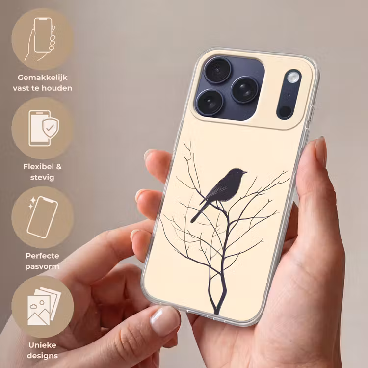Vogel - Zwart - Tak - Minimalistisch Telefoonhoesje iPhone 17 Pro klein -sfeer3_NL
