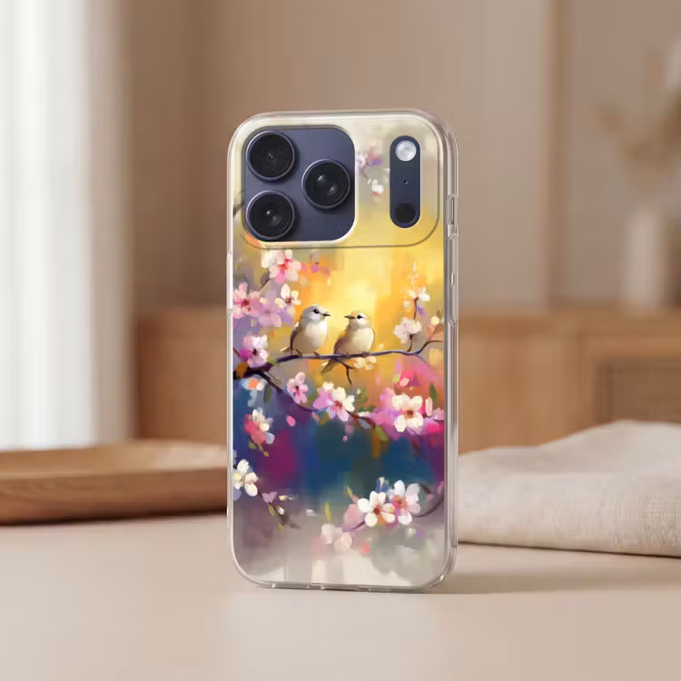 Vogels - Bloemen - Roze Telefoonhoesje iPhone 17 Pro klein -sfeer2