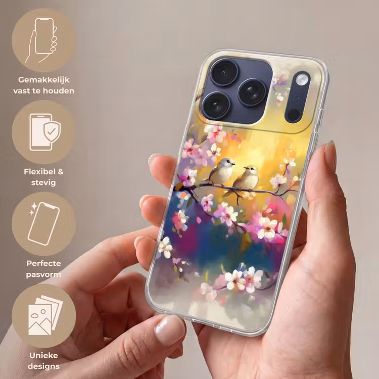 Vogels - Bloemen - Roze Telefoonhoesje iPhone 17 Pro klein -sfeer3_NL