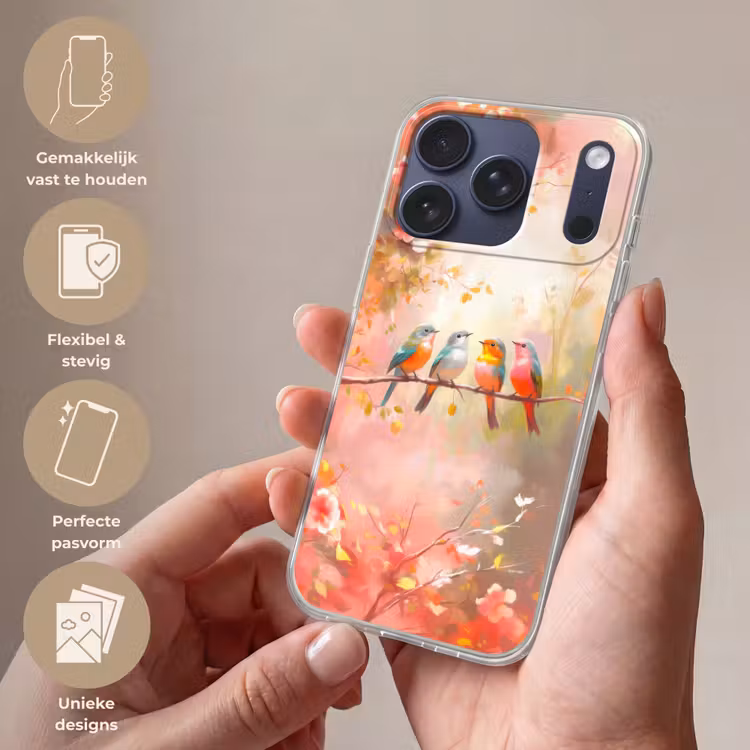 Vogels - Kleurrijk - Tak Telefoonhoesje iPhone 17 Pro klein -sfeer3_NL