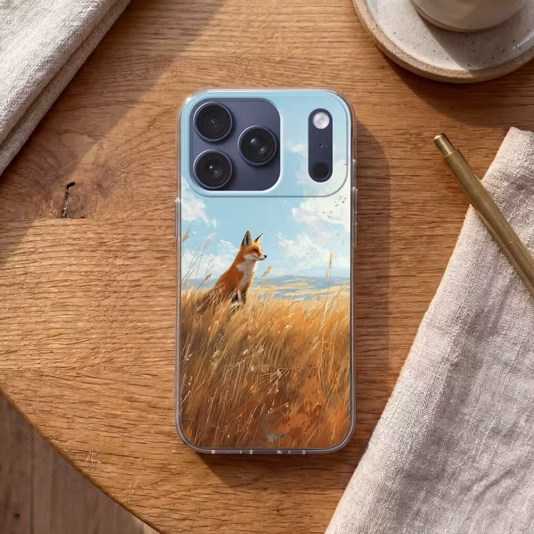 Vos - Gras - Wolken - Oranje Telefoonhoesje iPhone 17 Pro klein -sfeer1