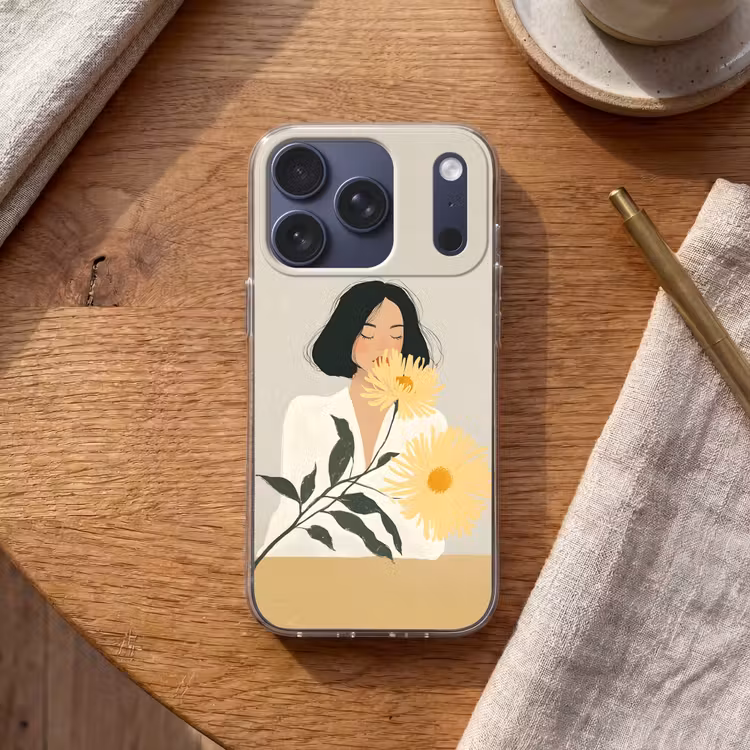 Vrouw - Bloem - Geel - Minimalistisch Telefoonhoesje iPhone 17 Pro klein -sfeer1