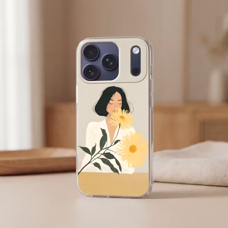 Vrouw - Bloem - Geel - Minimalistisch Telefoonhoesje iPhone 17 Pro klein -sfeer2