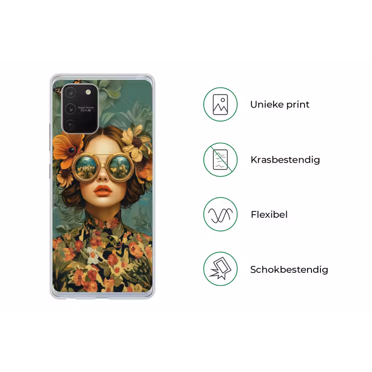 Vrouw - Bloemen - Vlinders - Natuur - Vintage Telefoonhoesje Samsung Galaxy S10 Lite klein -specsS10Lite