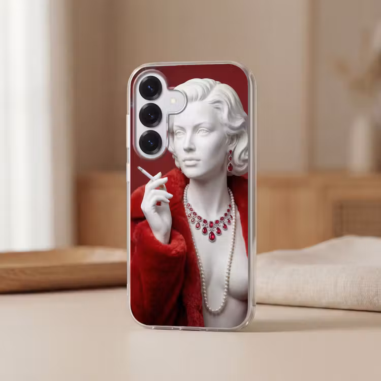 Vrouw - Bontjas - Mode - Klassiek - Rood Telefoonhoesje Samsung Galaxy S26 klein -sfeer2