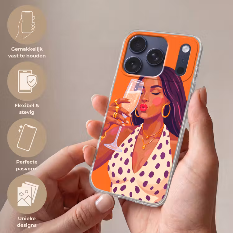 Vrouw - Champagne - Feest - Modern - Oranje Telefoonhoesje iPhone 17 Pro klein -sfeer3_NL