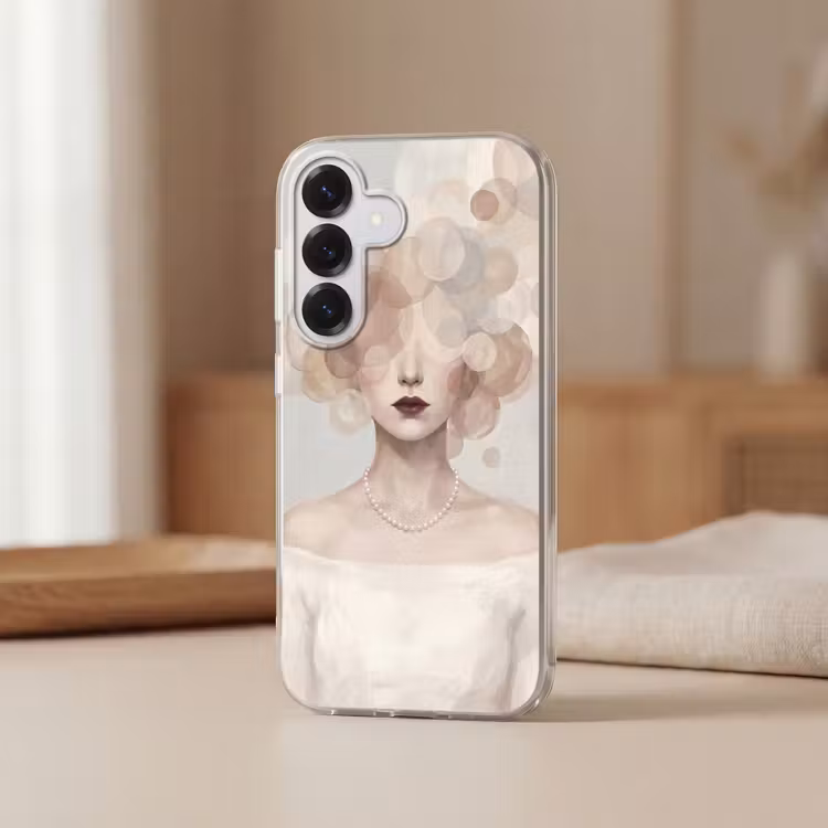 Vrouw - Cirkels - Beige Telefoonhoesje Samsung Galaxy S26 klein -sfeer2