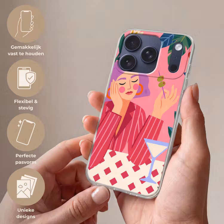 Vrouw - Cocktail - Bloemen - Modern - Roze Telefoonhoesje iPhone 17 Pro klein -sfeer3_NL