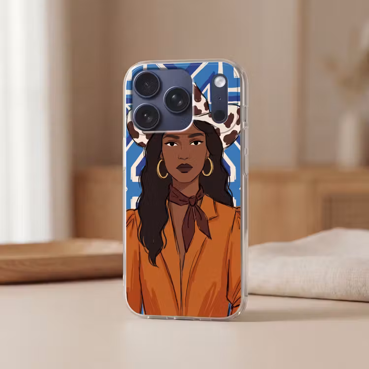 Vrouw - Cowboyhoed - Portret - Modern - Blauw Telefoonhoesje iPhone 17 Pro klein -sfeer2