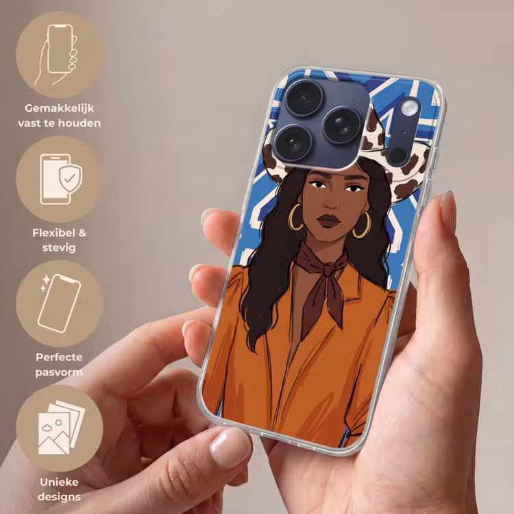 Vrouw - Cowboyhoed - Portret - Modern - Blauw Telefoonhoesje iPhone 17 Pro klein -sfeer3_NL