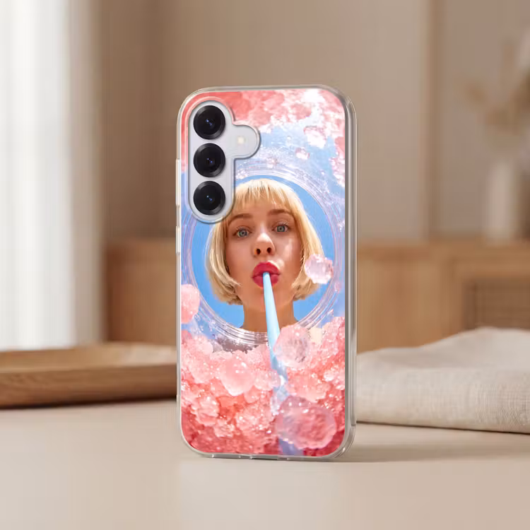Vrouw - Drank - Zomer - Roze - Blauw Telefoonhoesje Samsung Galaxy S26 klein -sfeer2