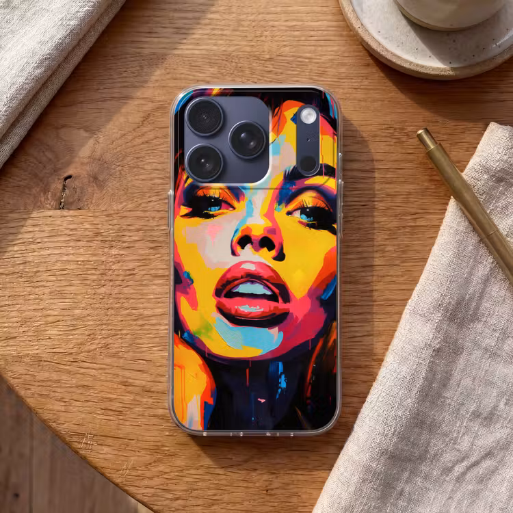 Vrouw - Gezicht - Kleurrijk Telefoonhoesje iPhone 17 Pro klein -sfeer1
