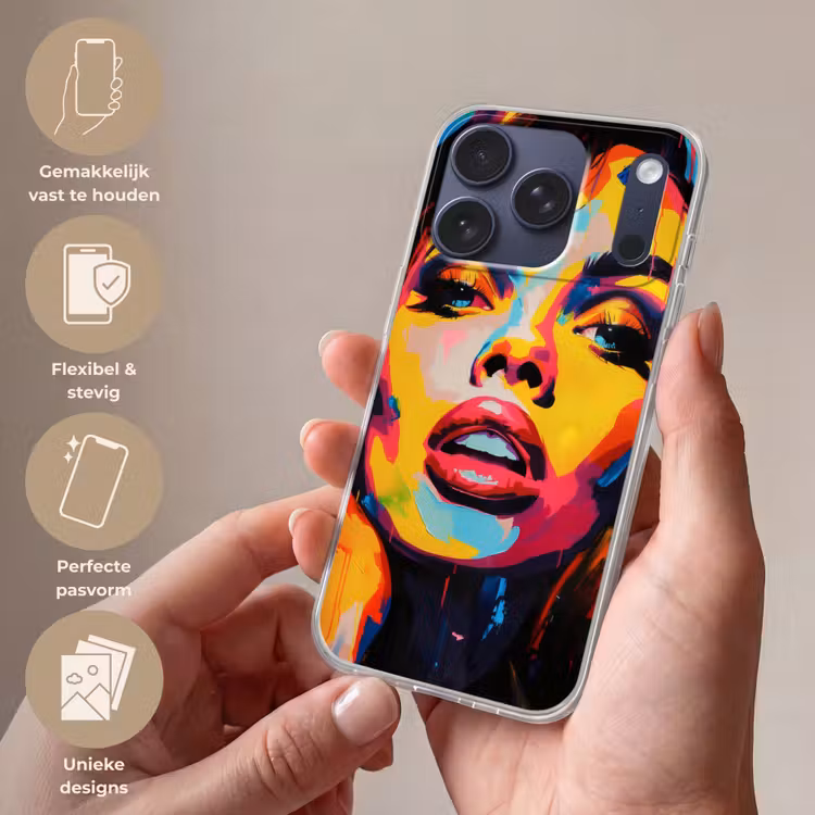 Vrouw - Gezicht - Kleurrijk Telefoonhoesje iPhone 17 Pro klein -sfeer3_NL