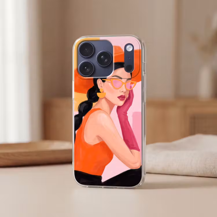 Vrouw - Hoed - Mode - Modern - Oranje Telefoonhoesje iPhone 17 Pro klein -sfeer2
