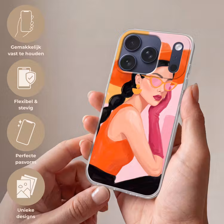 Vrouw - Hoed - Mode - Modern - Oranje Telefoonhoesje iPhone 17 Pro klein -sfeer3_NL