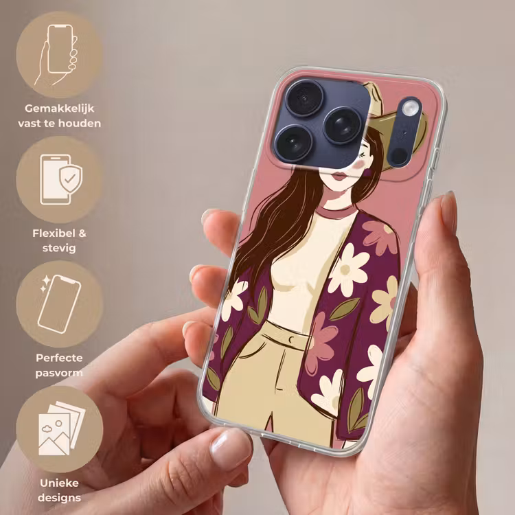 Vrouw - Hoed - Portret - Illustratie - Roze Telefoonhoesje iPhone 17 Pro klein -sfeer3_NL