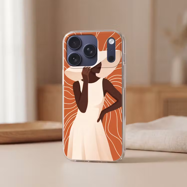 Vrouw - Hoed - Portret - Modern - Beige Telefoonhoesje iPhone 17 Pro klein -sfeer2