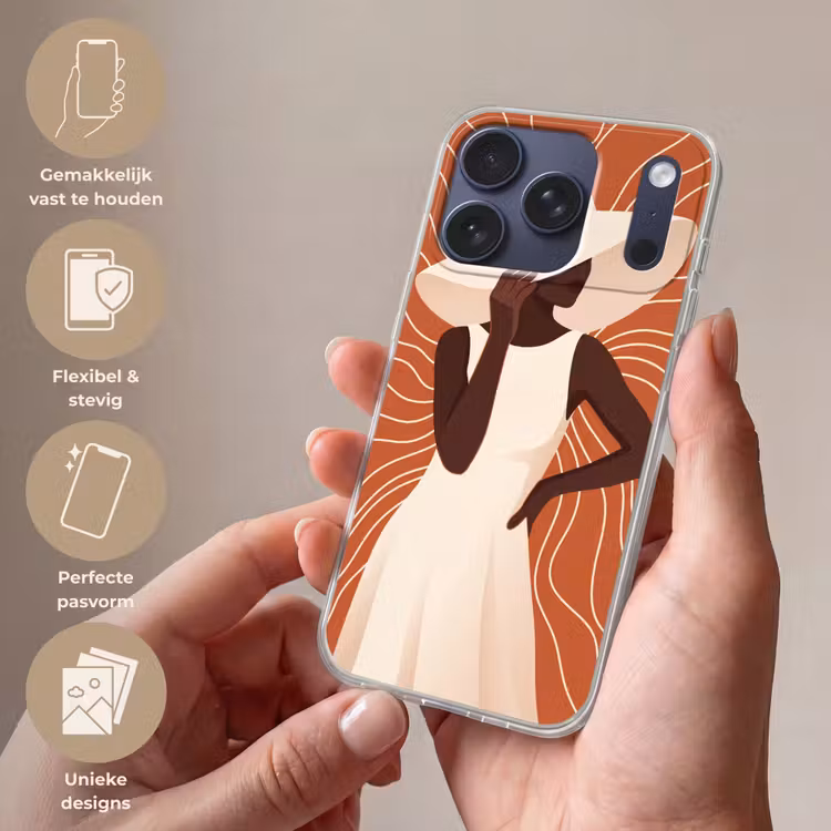 Vrouw - Hoed - Portret - Modern - Beige Telefoonhoesje iPhone 17 Pro klein -sfeer3_NL
