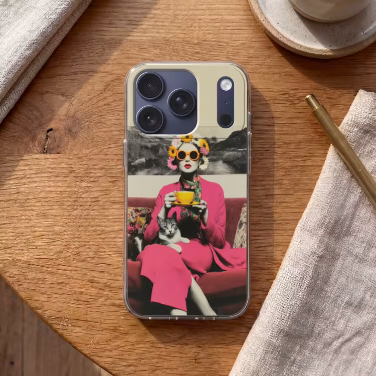Vrouw - Kat - Bloemen - Kopje - Retro Telefoonhoesje iPhone 17 Pro klein -sfeer1