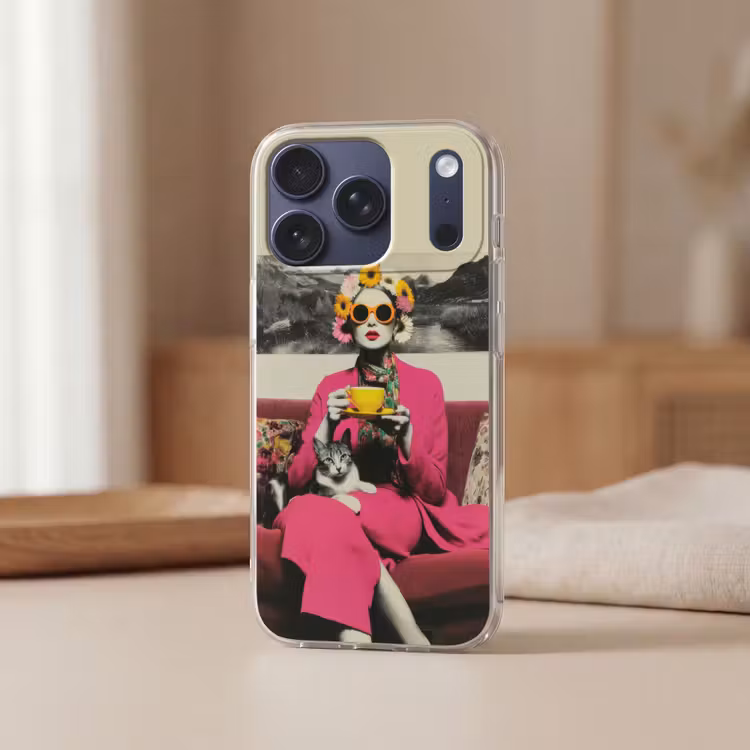 Vrouw - Kat - Bloemen - Kopje - Retro Telefoonhoesje iPhone 17 Pro klein -sfeer2