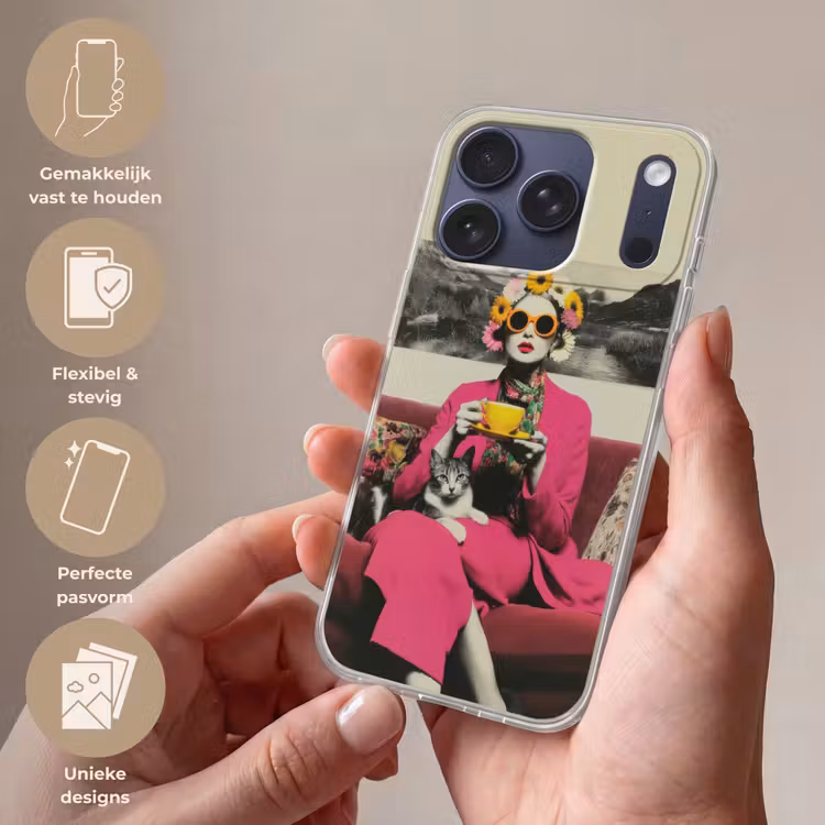 Vrouw - Kat - Bloemen - Kopje - Retro Telefoonhoesje iPhone 17 Pro klein -sfeer3_NL