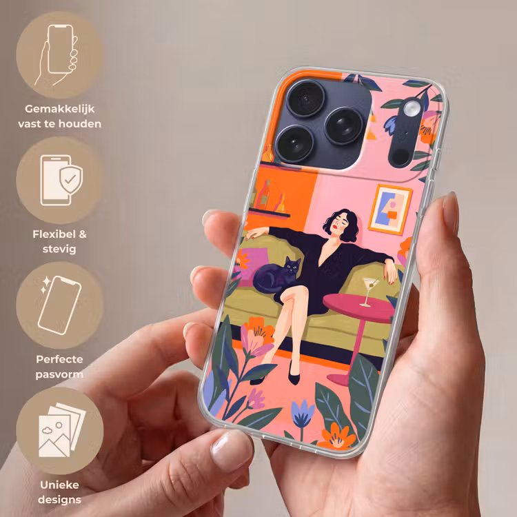 Vrouw - Kat - Interieur - Modern - Kleurrijk Telefoonhoesje iPhone 17 Pro klein -sfeer3_NL