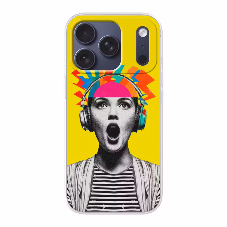 Vrouw - Koptelefoon - Geel Telefoonhoesje iPhone 17 Pro klein -3d